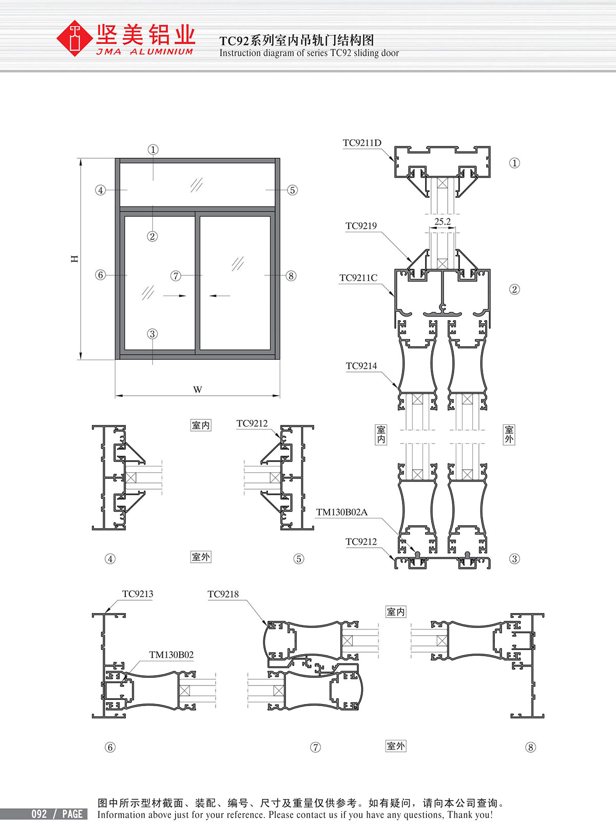 Schéma de structure de la porte à glissière suspendue intérieure de la série TC92