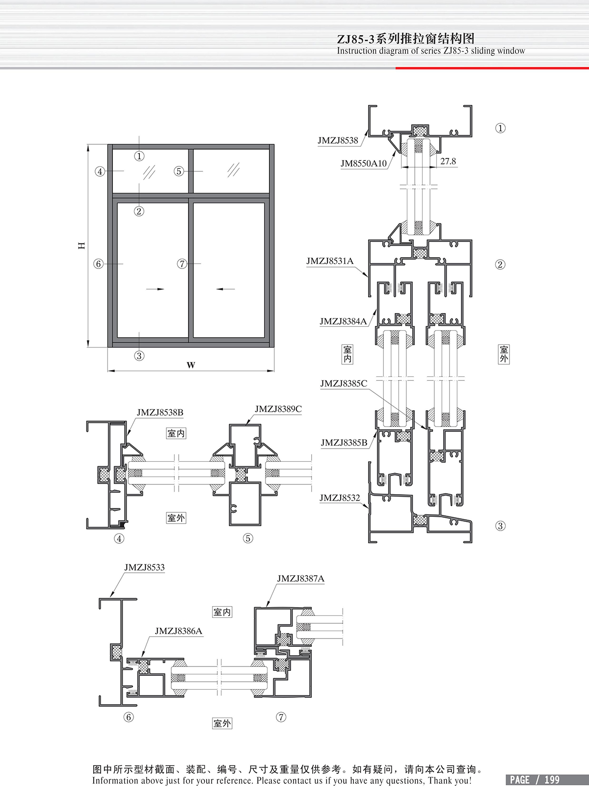 Schéma de structure de la fenêtre coulissante de la série ZJ85-3